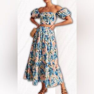 Abercrombie Floral Set M Off Shoulder Crop Top Tiered Maxi Skirt Boho Romantic